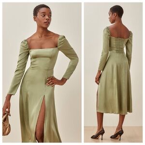 Reformation Maryanne Satin Midi Dress (Sz 0) Long Sleeve Smocked Artichoke Green